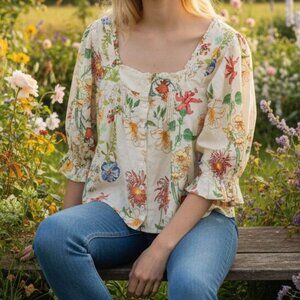 Vintage Laura Ashley Floral Cottagecore Linen Blend Puff Sleeve Blouse Sz. M
